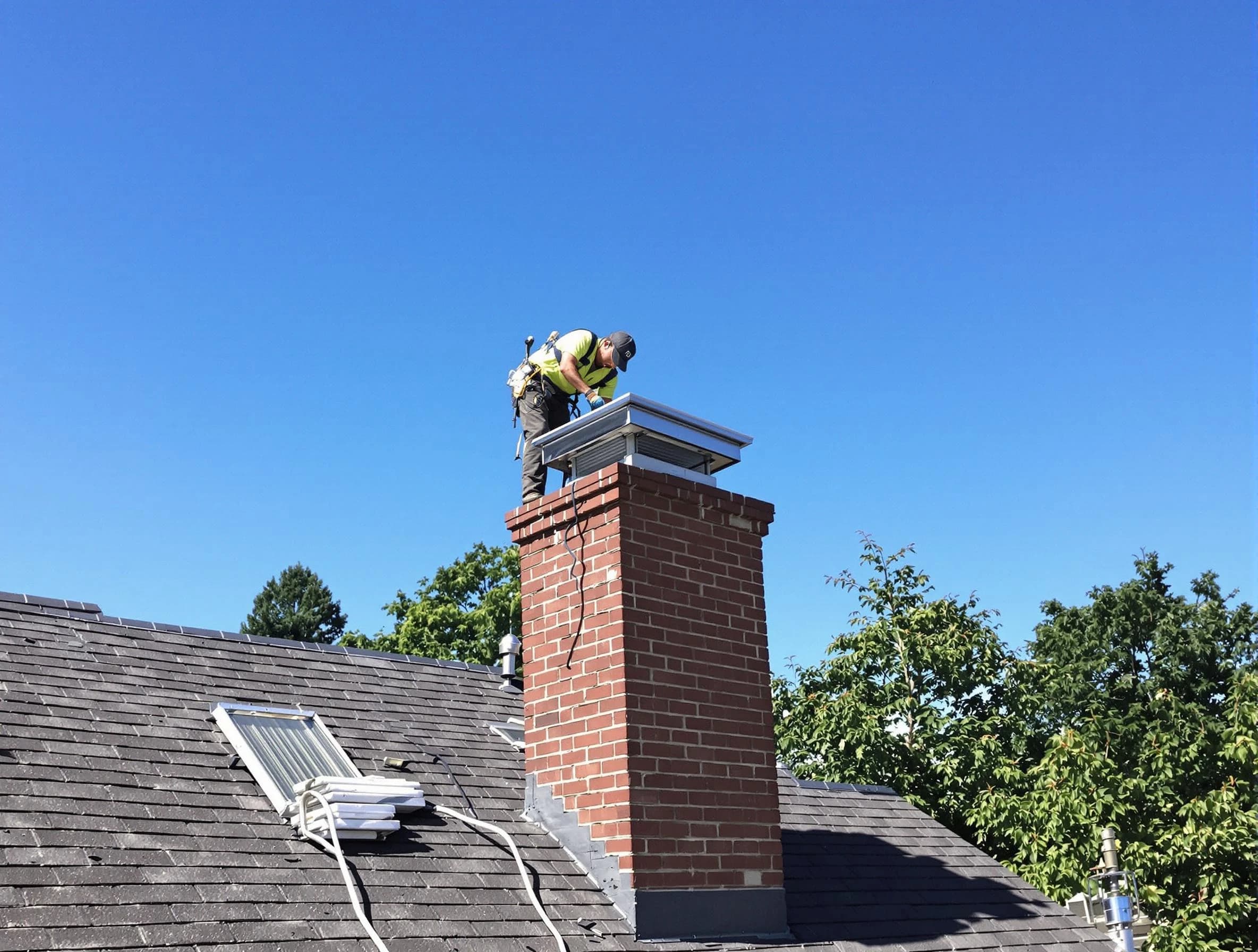 Lyndhurst Chimney Sweep technician measuring a chimney cap in Lyndhurst, NJ